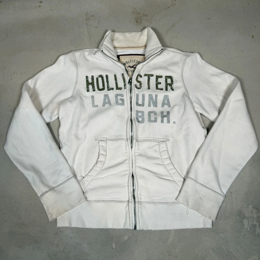 Hollister Laguna Beach Mens Full Zip Mock Neck Sweatshirt White Large surfwear